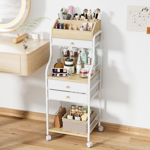 SWTYMIKI Rolling Makeup Organizer Cart - Floor Skincare Storage with Non-woven Drawers Vanity Organizer Cosmetic Display Cases with Wheels Cabinet for Skin Care Perfume Nail Polish Brush Hair Tool