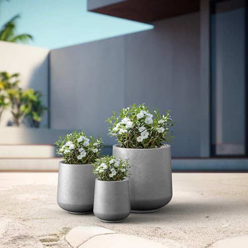 Image of Kante Set of 3 Pale Gray Concrete Curved Planters 16.5 inch 13 inch 9.4 inch Dia | Drainage for Outdoor, Rubber Plug for Indoor Home, All-Weather Cement Pot, Handcraft, Lightweight & Durable, Anti-UV, Round