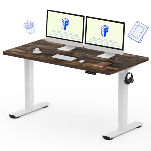 FLEXISPOT EN1 One-Piece Standing Desk, 55 x 28 Electric Height Adjustable Sit Stand Desk for Home Office (White Frame + 55" Rustic Top, 2 Packages)
