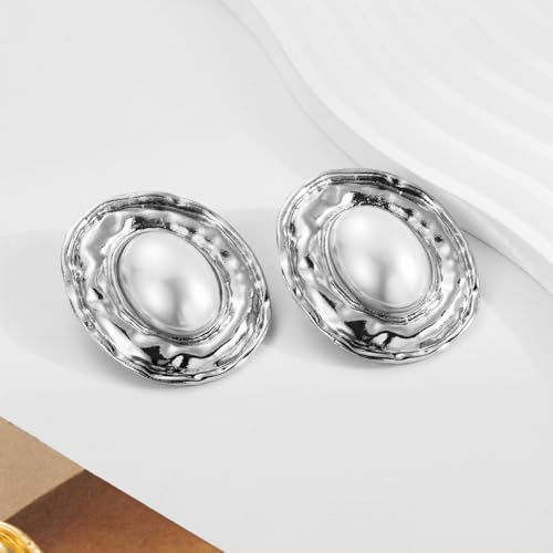 Vintage Pearl Earrings for Women Chunky Gold Geometric Oval Pearl Stud Earrings Exaggerated Textured Round Statement Earrings Trendy Jewelry Presents4