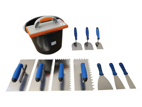 Kabou Professional Masonry Trowel Set with Smoothing Trowel, Toothed Trowel, Plastering Trowel, Rustproof Construction Bucket and Much More