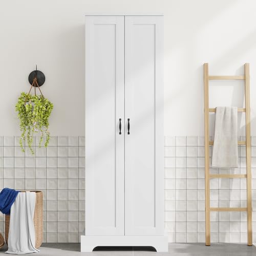 Meuble sous lavabo - 56 x 40 x 170 cm - Blanc - Armoire haute de salle de bain avec double portes, étagères réglables et fermeture douce - Laqué résistant à l'humidité - Peu encombrant pour les