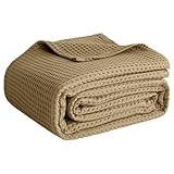 100% Cotton Blankets Throw Size for Bed - Waffle Weave Blankets for Summer, Lightweight and Breathable Soft Woven Blanket for Spring (Beige, Throw (50' x 60')