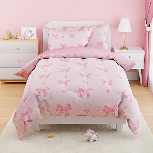 Image of SANDJEST Bow Comforter Set Full Size 98x86in for Kids Girls, Microfiber 4 Pcs Bedding Set Includes 1 Comforter, 2 Pillowcases, 1 Fitted Sheet, Nursery Room Decor