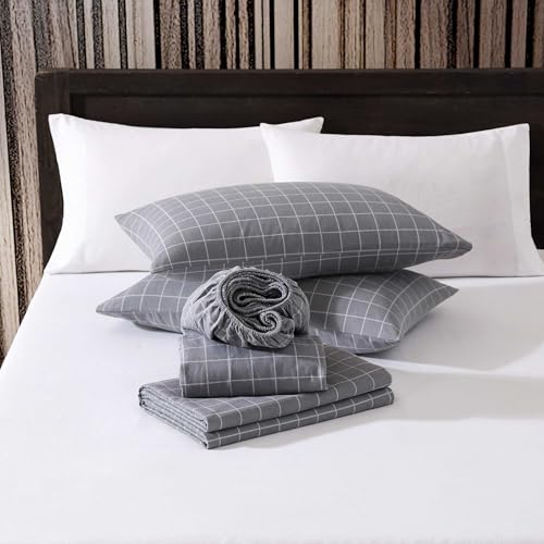 Image of Eddie Bauer - Queen Bed Sheets, Cotton Flannel Bedding Set with Matching Pillowcases, Brushed for Extra Softness, Deep Pocket, Oeko-Tex Certified (Great Plains Plaid Grey)