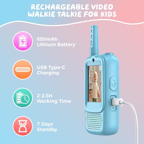 Video Walkie Talkies for Kids, 2 Pack Rechargeable Walkie Talkie with Screen, Long Range 2 Way Radio with 4 Voice Effect, Christmas Birthday Gift for Age 3-12 Boy Girl Indoor/Outdoor — view 5
