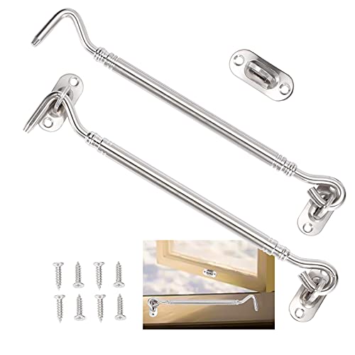 2 StüCk Sturmhaken mit öSe,Kabinenhaken Edelstahl,TüRhaken Silber Fensterhaken,Sturmhaken für SchwingtüR Holz,FensterläDen Holz,Scheunentor Gartentor Riegel mit 8 Stück Montage Schrauben(20cm) Cover