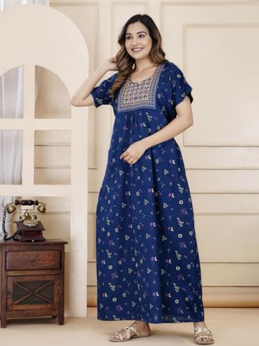 Image of DIAMO Pure Cotton Embroidery Nighty for Women, Cotton Night Gown, Night Maxi Gown, Cotton Nighty with a Pocket and Adjustable Knot