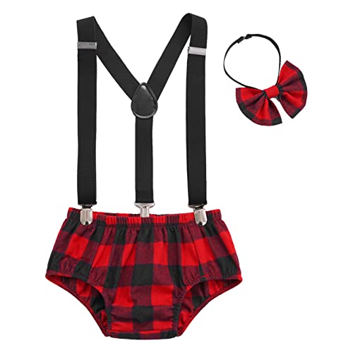Yeahdor Baby Boys Cake Smash Clothes Plaid Diaper Suspenders Pants Bow Tie Set for Photo Prop Red 9-12 Months