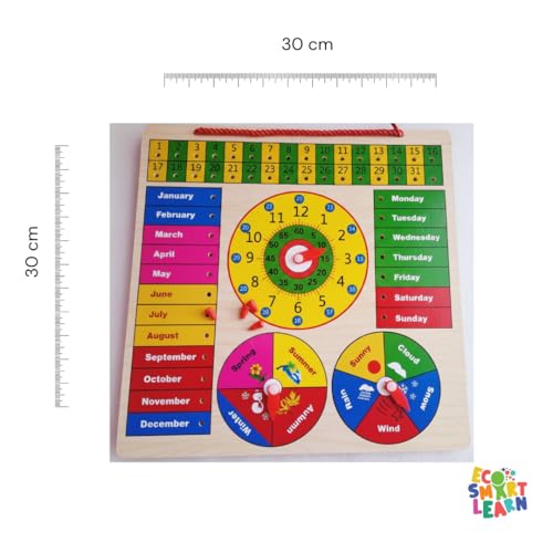 Image of Wooden Calendar & Clock Learning Board for Kids | Date, Day, Month, Time, Weather & Seasons Educational Activity | Montessori Learning Toy for Toddlers & Preschool Children