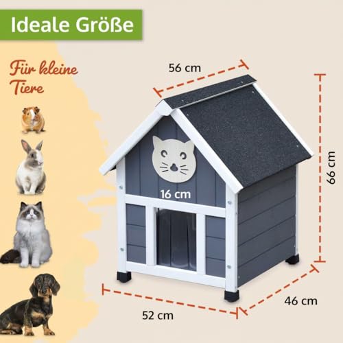 zooprinz Holz Katzenhaus im skandinavischen Look – Katzenkiste mit Dach aus Bitumen – Wetterfest in grau-weiß lasiert für Garten/Balkon – Innen- und Draußen Hütte – Katzenbox