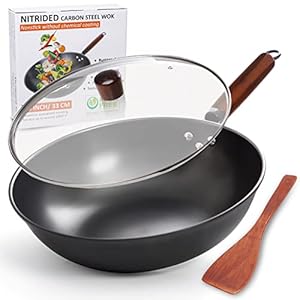 Wok Pan with Lid, 13 Inch Wok & Stir-fry Pan with Wooden Spatula, No Chemical Coated Carbon Steel Wok, Nitrided Non-stick Chinese Wok with Flat Bottom for Induction, Electric, Gas Stove