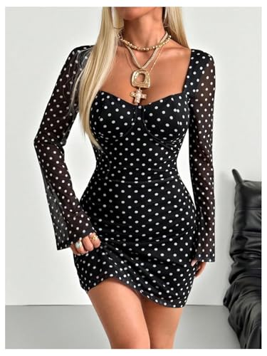 Image of Milumia Women's Polka Dots Mesh Mini Dress Y2k Backless Long Sleeve Bodycon
