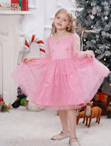 IMEKIS Kids Girls Birthday Princess Dress Mesh Long Sleeve Sparkle Butterfly Stars Tulle Pageant Formal Party Dresses3