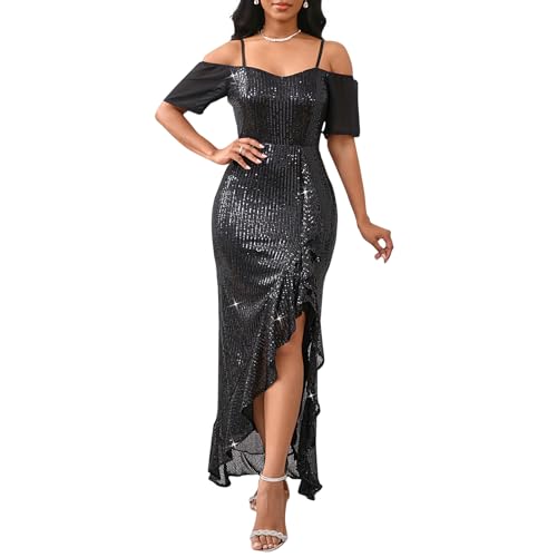 Image of dasmzper Women Sexy Off Shoulder Bodycon Ruffle Split Hem Maxi Cocktail Party Evvening Night Out Dress Black
