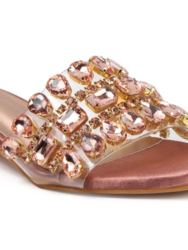 Image of ELLE Women's Embellished Gemstone Sandal - Low Heel Glamour Wedding Sandals