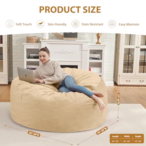 3FT Bean Bag Chair, Comfy Bean Bag Chairs with Memory Foam Filled, Fluffy Beanbag Sofa with Dutch Velvet Cover, Round BeanBag Chairs for Living Room, Playroom - Khaki