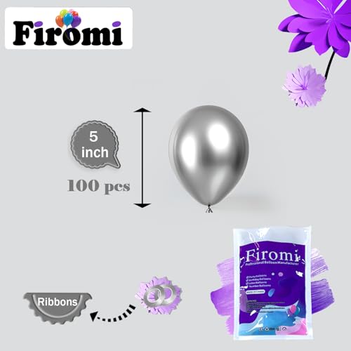 Image of Firomi Metallic Chrome Silver Balloons 5-inch 100 Pack (with 2 Ribbons)