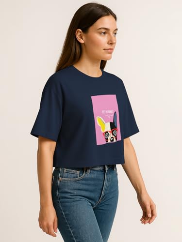 Image of HELLCAT Beige Printed Loose Fit Crew-Neck Crop T-Shirt for Women