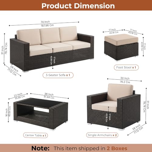 Image of DEVOKO Sera Outdoor 5 Piece HDPE Wicker Conversation Sofa Set with All Weather Water-Resistant Cushions, Glass Top Table & Ottoman for Garden, Poolside, Backyard(Dark Brown & Cream)
