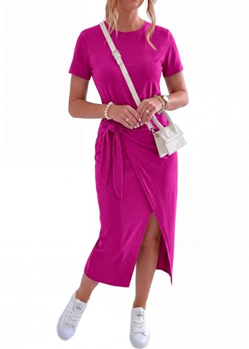 Image of NOLLSOM Women Casual Sleeveless Striped Tank Midi Dresses Halter Neck Ruched Bodycon Dresses Tie Waist T Shirt Summer Dress