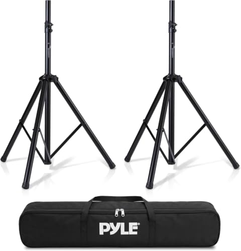 Image of Pyle Universal Dual PA DJ Tripod 2 Speaker Stand Kit with Adjustable Height & Storage Bag Constructed with Heavy Duty Durable Steel and Lightweight for Easy Mobility Safety PIN Screw Locks