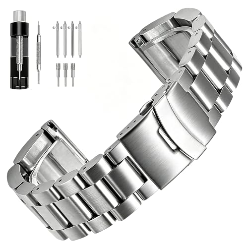 Bracelet montre acier inoxydable 22 mm 24 mm argenté double fermoir brossé