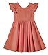 Ugitopi Baby Mädchen Flatterärmel Baumwolle-Leinen Kleid Elastische Taille Schleife Kinder Freizeitkleider (Solid Caramel,130)