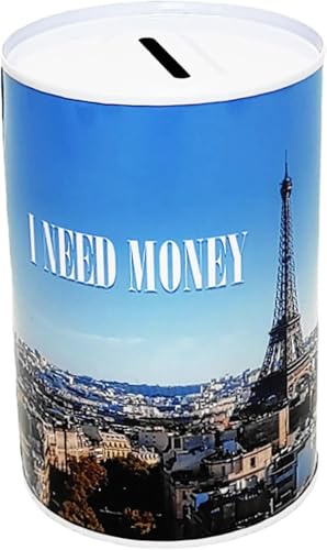 Boîte tirelire en étain série villes européennes Paris avec tour Eiffel I Need Money 12,5 x 8 cm