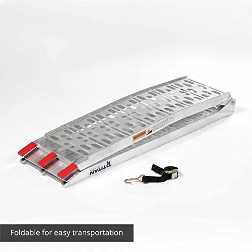 Titan Ramps Pair Of 7.5 Ft Long Aluminum Plate Top Ramps, Rated 1,500 Lb, Max Loading Height 30In, Arched Design, Safety Strap Included #TOP2