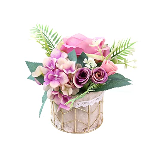 Dcqry Artificial Potted Rose Hydrangea Flowers, 7Inch Fake Plant Small Potted Plants With Metal Flower Baskets, Rose Arrangements Bonsai For Wedding Home Office Centerpiece Table Decor #TOP30