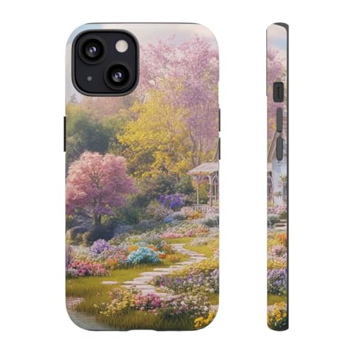 Coque iPhone 13 mate résistante motif cascade cottage et jardin fleuri