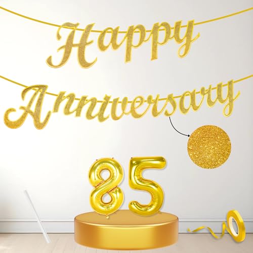 Image of Flyloons 85th Happy Anniversary Banner Gold Decorations Kit for Men Women Wedding Anniversary Banner Items without Balloons