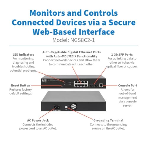 Image of Eaton Tripp Lite Series 8‑Port Gigabit Managed Switch with 2 SFP Ports, Easy Smart Web‑Managed Layer 2 Network Ethernet Splitter, 1 Gbps, 1U Rack Mount or Desktop, 3‑Year Warranty (NGS8C2‑1)