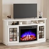 LUXOAK Curved TV Cabinet with 26' Electric Fireplace for TVs up to 65', Media Fireplace TV Console Table with Storage Farmhouse Glass Door, Distressed White