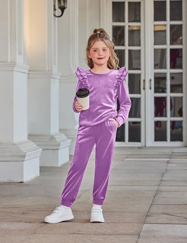 Image of Arshiner Girls 2 Piece Outfits Velour Tracksuit Ruffle Sweatshirt Sweatpant | Cute Clothes, Sweatsuit, Long Sleeve Pullover, Fall Winter Clothing Sets, for 3-10 Years