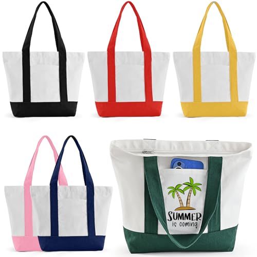 6Pack Mini Canvas Tote Bag with Pockets, 12oz Cotton Small Tote Bag with Zipper Reusable Grocery Shopping Bags Small Canvas Tote Bags with Customized Color for DIY, Advertising, Decorating Craft