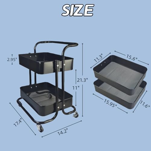 Image of 2 Tier Rolling Utility Cart with Wheels All-Metal Short Pantry Cart Under Desk Storage Trolley with Handle, Small Rolling Storage Shelf for Small Space Kitchen Laundry Room Bathroom, Black