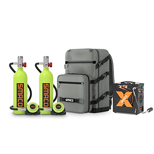 SMACO Mini Botella de Buceo 1 litro Portatil Bombona de Buceo (2 Piezas) Pequeñas Botella Submarinismo de 15-20 Minutos Tanque de Buceo Recargable for Viajes Nadar Rescate S400