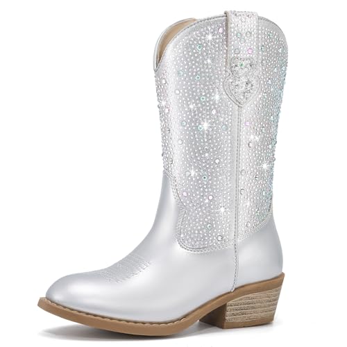 Rollda Rhinestone Cowgirl Boots for Girls Sparkly Little Girls Cowboy Boots Kids Sparkle Western Boots Round Toe Side Zipper