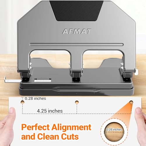 Image of AFMAT 3 Hole Punch, 9 /32 inch Hole Diameter, 40-Sheet 3 Hole Puncher for Binder, 50% Reduced Effort, Metal Heavy Duty Hole Puncher w / 10,000+ Uses, Bulit-in S.S. Paper Guide, Large Chip Tray, Gray, HPX3
