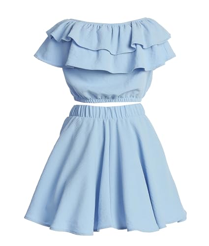 Image of Cold Shoulder Crop Top Ruffle Layered Top Flower Girl Skirt Sets for Girl