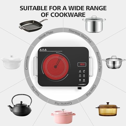 Electric Cooktop 110v, Portable Electric Stove 1800W Infrared Hot Plate, Nafewin Single Burner Cooktop Countertop with Handle, 4-Hours Timing Setting, Compatible for All Cookwares