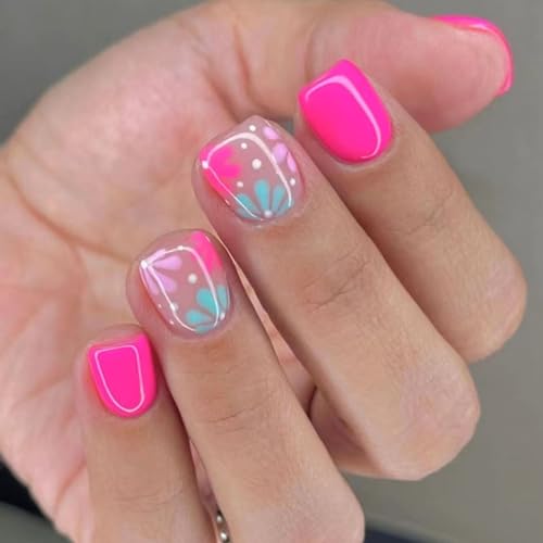 Short Press on Nails Square Fake Nails with Flowers Designs Brigh...