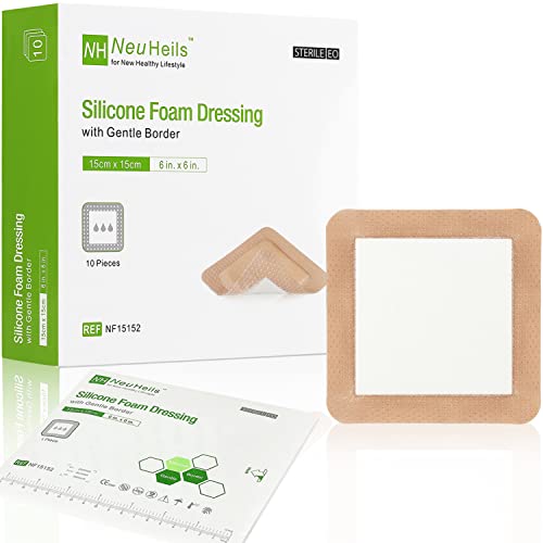 Silicone Adhesive Foam Dressing with Gentle Border 6x6 10 Packs for Bed Sore Leg Ulcer High Absorbency Waterproof Silicone Wound Bandages by NeuHeils
