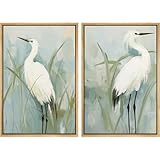 MUDECOR Framed Canvas Print Wall ArtWhite Heron Pair in Marsh Coastal Illustrations Modern Art Decorative Bohemian Colorful for Living Room, Bedroom, Office - 16'x24'x2 Natural