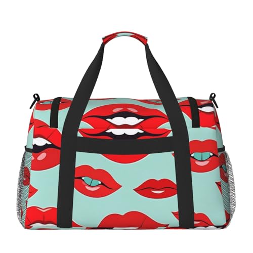 Cute Graphic Red Lips Print Travel Duffle Bag - Foldable Personal Item Travel Bag for Women & Men,Carry-On Convertible Crossbody Tote Bags with Adjustable Shoulder Strap & Pockets 13x10.2x19.7 in2
