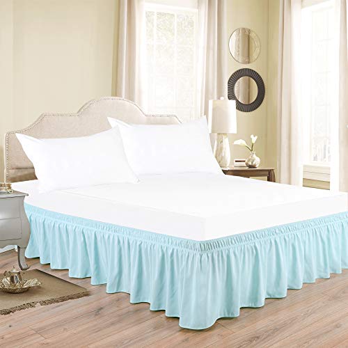 Bed Skirt - Wrap Around Bed Skirts Elastic Dust Ruffles, Easy Fit Wrinkle and Fade Resistant Silky Luxrious Fabric Solid Color, Easy On/Easy Off 21 Inch Tailored Drop, Light Blue, Short Queen