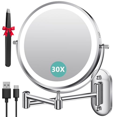 Auxmir Kosmetikspiegel mit Beleuchtung, 1X/30X Wiederaufladbar Schminkspiegel, 3200mAh Rasierspiegel...