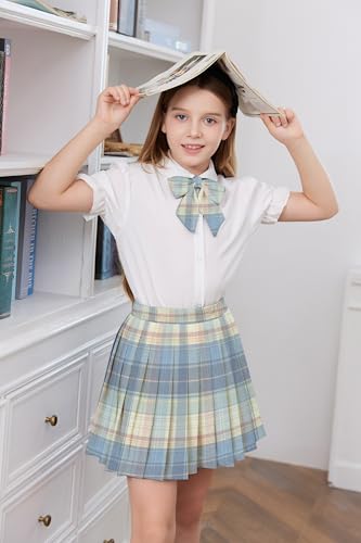 Image of Betusline Girls Skirt Set JK School Uniform 2-Piece Outfit - Short Sleeve Shirt with Bow & Pleated Skirt 4T-14Y